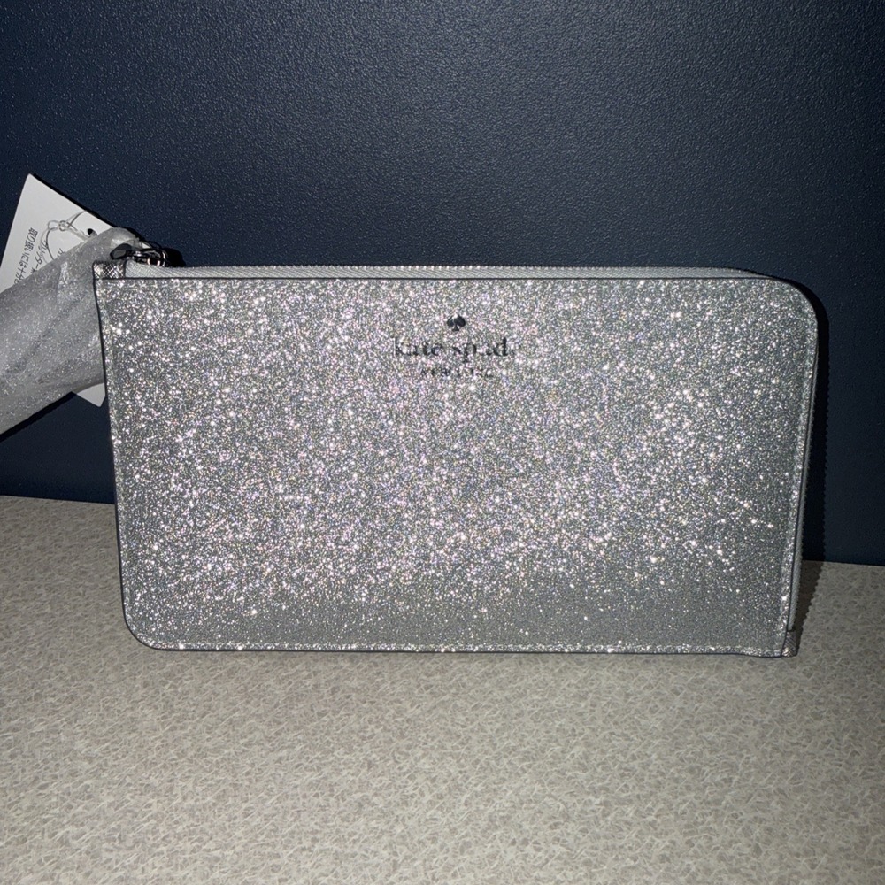 NWT NEW Kate Spade Lucy Glitter Medium L-Zip Silver Foil Wristlet Wallet KE454